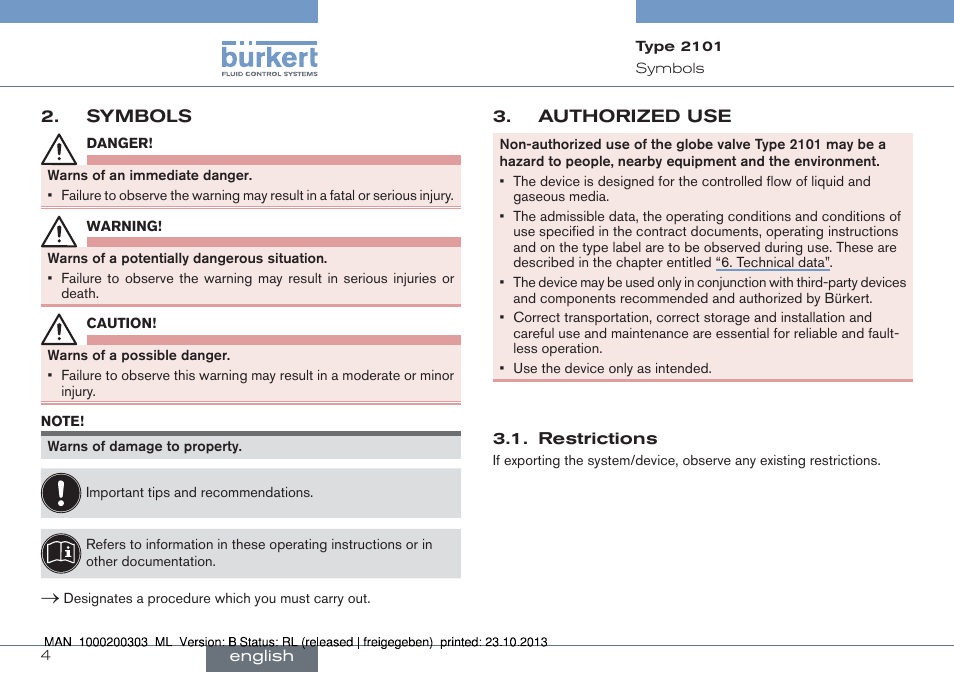 Symbols, Authorized use | Burkert Type 2101 User Manual | Page 4 / 46