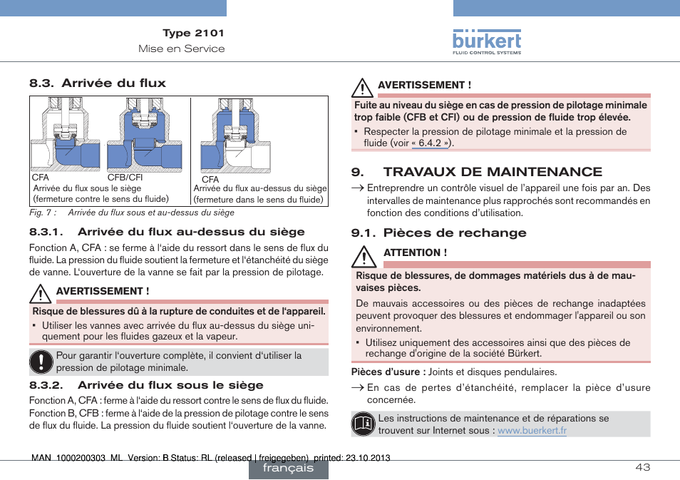 Travaux de maintenance | Burkert Type 2101 User Manual | Page 43 / 46