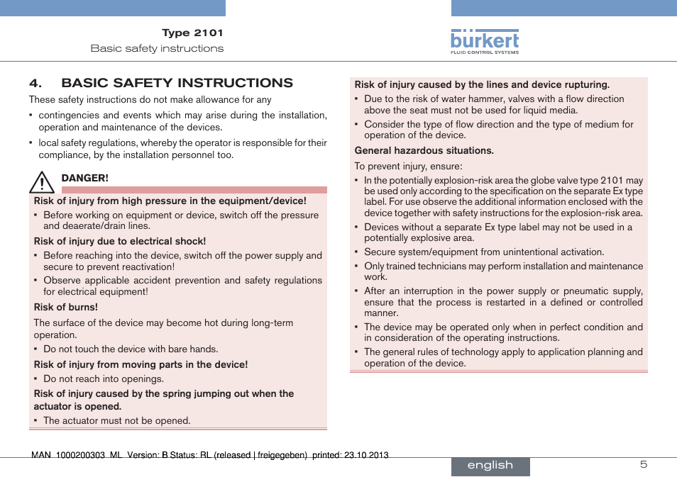 Basic safety instructions, Chapters entitled “basic safety instructions” and | Burkert Type 2101 User Manual | Page 5 / 46