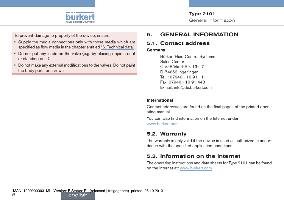 General information | Burkert Type 2101 User Manual | Page 6 / 46