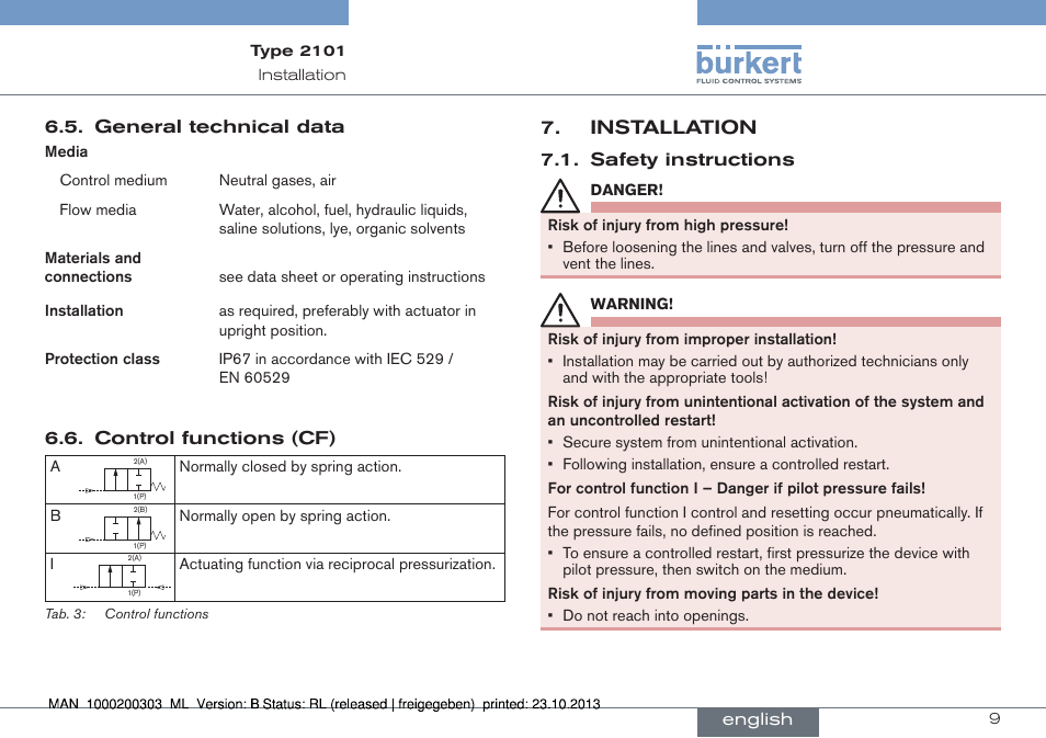 Installation | Burkert Type 2101 User Manual | Page 9 / 46