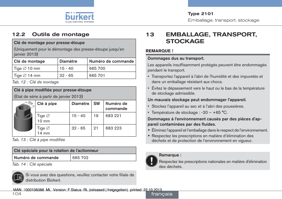 2 outils de montage, 13 emballage, transport, stockage | Burkert Type 2101 User Manual | Page 104 / 106