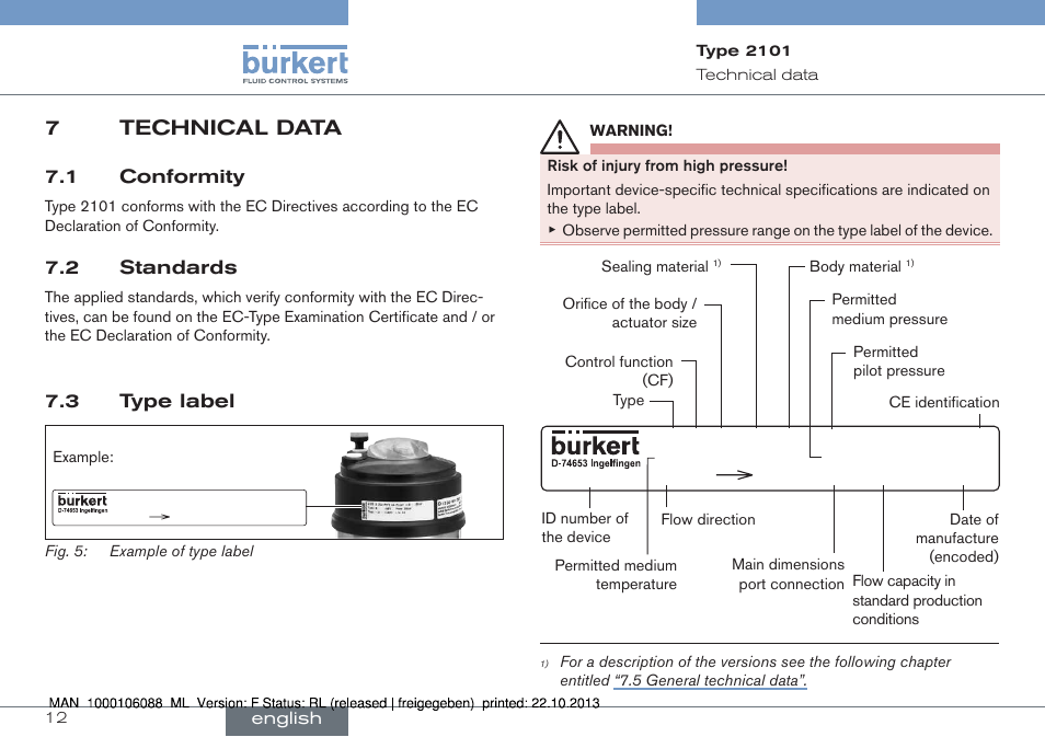 7 technical data, 1 conformity 7.2 standards, 3 type label | 7technical data, 1 conformity, 2 standards | Burkert Type 2101 User Manual | Page 12 / 106