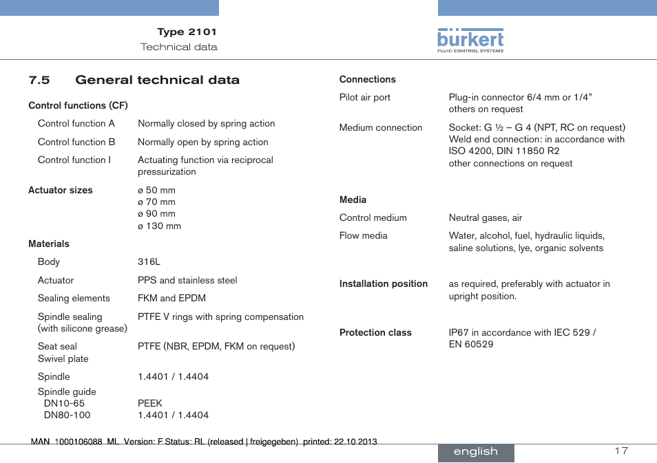 5 general technical data | Burkert Type 2101 User Manual | Page 17 / 106