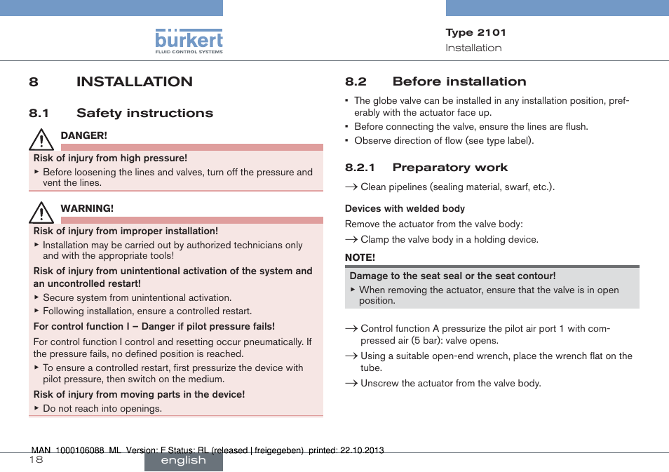 8 installation, 1 safety instructions 8.2 before installation, 8installation | Burkert Type 2101 User Manual | Page 18 / 106