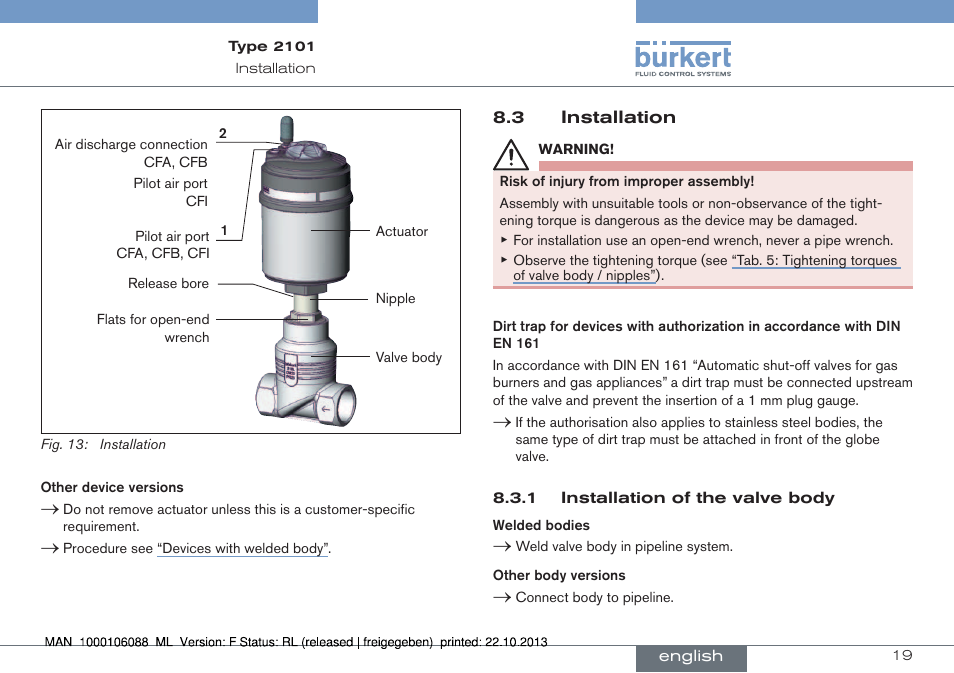 3 installation | Burkert Type 2101 User Manual | Page 19 / 106