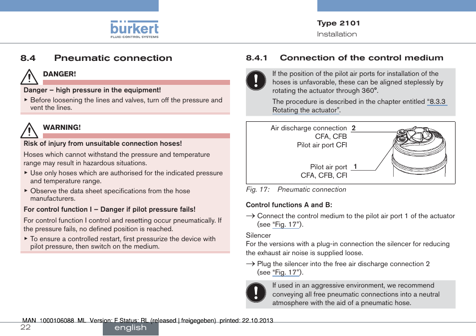 4 pneumatic connection | Burkert Type 2101 User Manual | Page 22 / 106