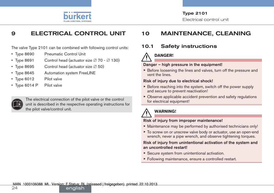 9 electrical control unit, 10 maintenance, cleaning, 1 safety instructions | 9electrical control unit | Burkert Type 2101 User Manual | Page 24 / 106