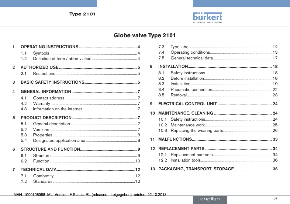 English, Globe valve type 2101 | Burkert Type 2101 User Manual | Page 3 / 106