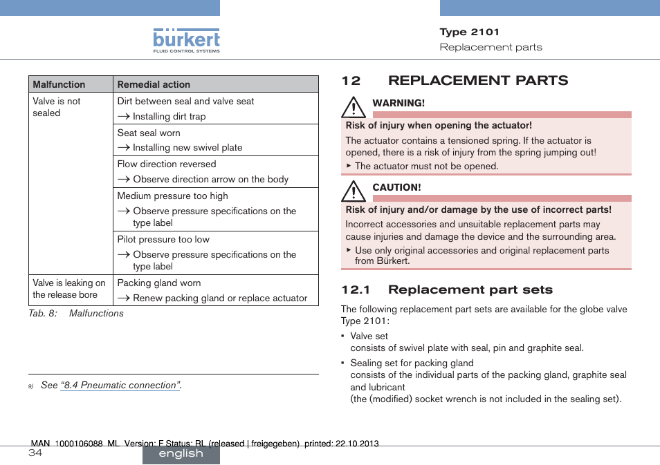 12 replacement parts, 1 replacement part sets | Burkert Type 2101 User Manual | Page 34 / 106