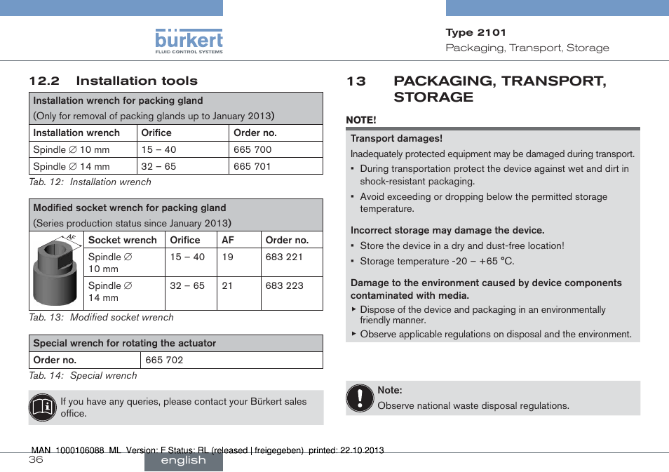 2 installation tools, 13 packaging, transport, storage | Burkert Type 2101 User Manual | Page 36 / 106