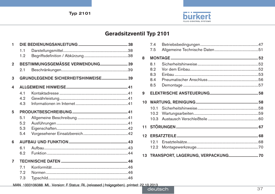 Deutsch, Geradsitzventil typ 2101 | Burkert Type 2101 User Manual | Page 37 / 106