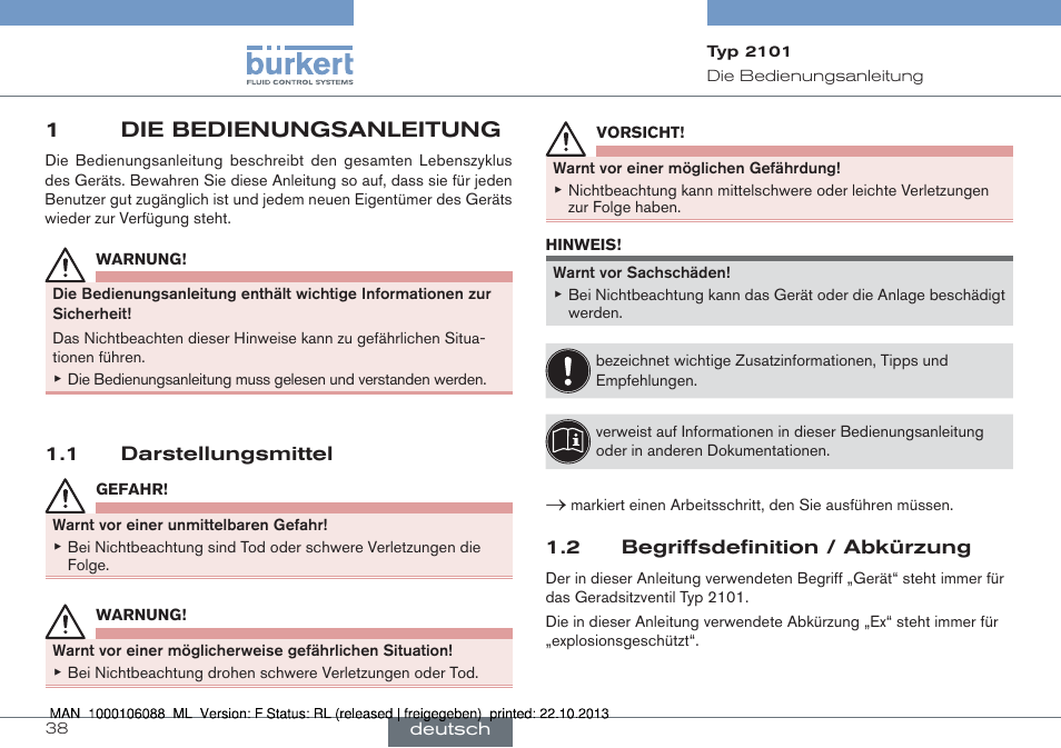 1 die bedienungsanleitung, 1die bedienungsanleitung | Burkert Type 2101 User Manual | Page 38 / 106