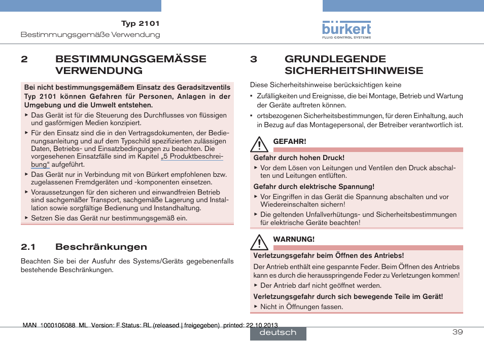 2 bestimmungsgemässe verwendung, 1 beschränkungen, 3 grundlegende sicherheitshinweise | 2bestimmungsgemässe verwendung, 3grundlegende sicherheitshinweise | Burkert Type 2101 User Manual | Page 39 / 106