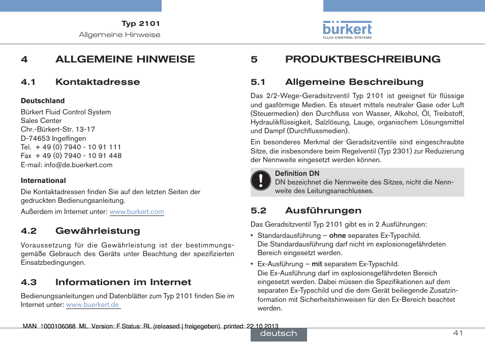 4 allgemeine hinweise, 5 produktbeschreibung, 1 allgemeine beschreibung 5.2 ausführungen | Burkert Type 2101 User Manual | Page 41 / 106