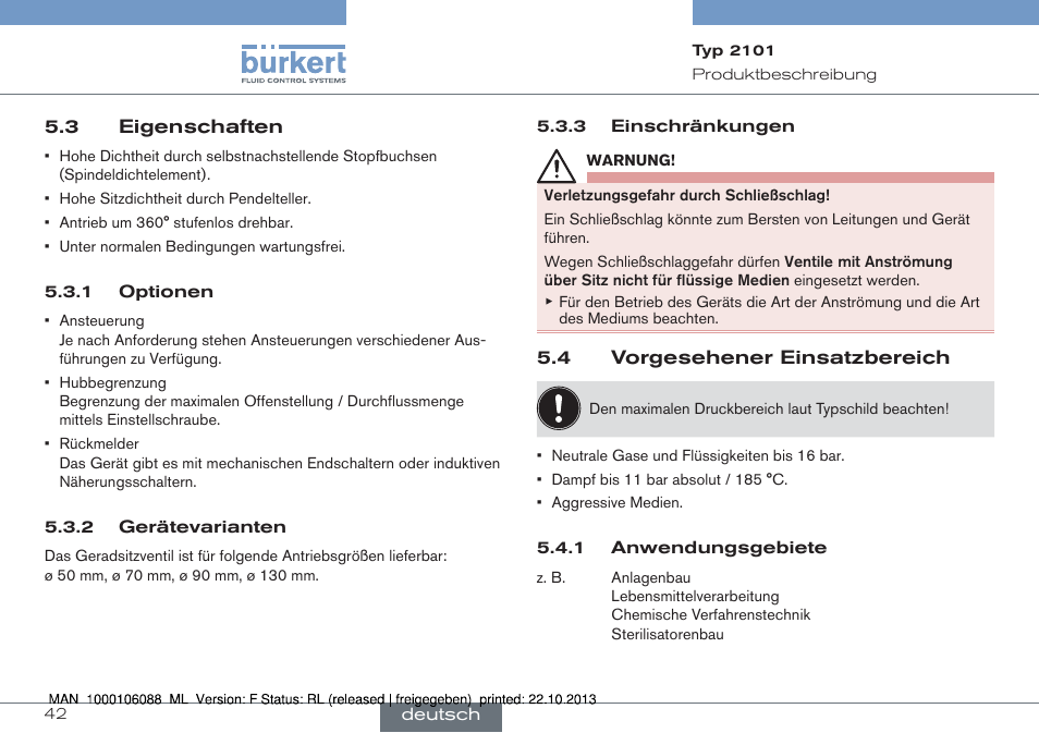 3 eigenschaften 5.4 vorgesehener einsatzbereich | Burkert Type 2101 User Manual | Page 42 / 106