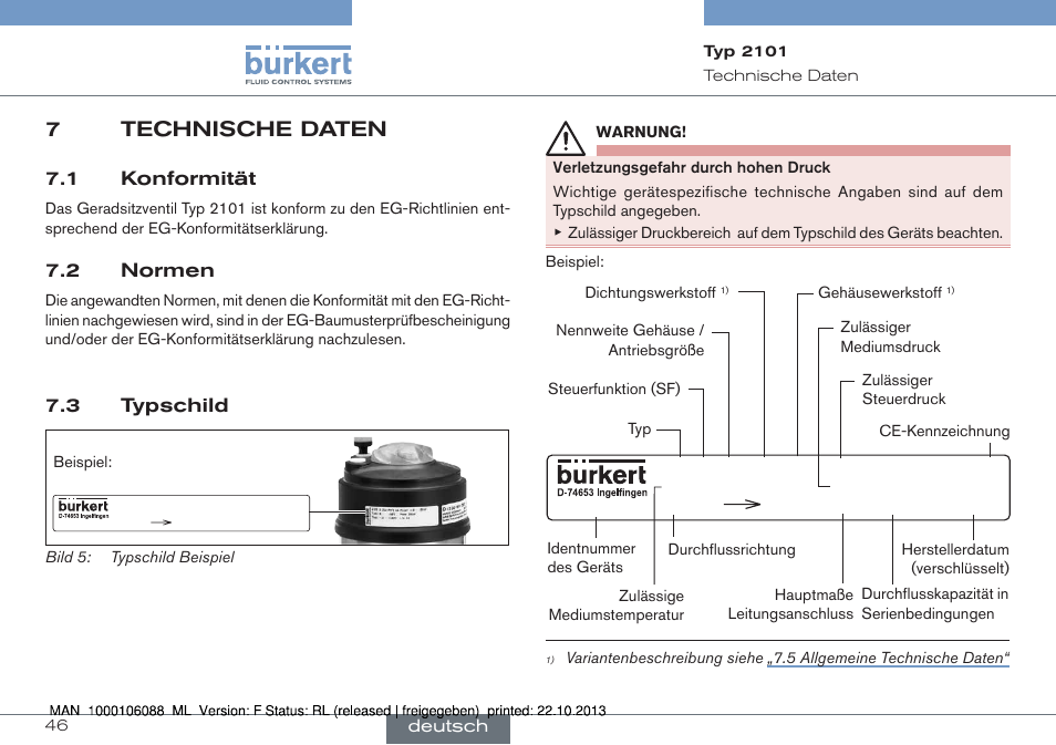 7 technische daten, 1 konformität 7.2 normen 7.3 typschild, 7technische daten | 1 konformität, 2 normen, 3 typschild | Burkert Type 2101 User Manual | Page 46 / 106