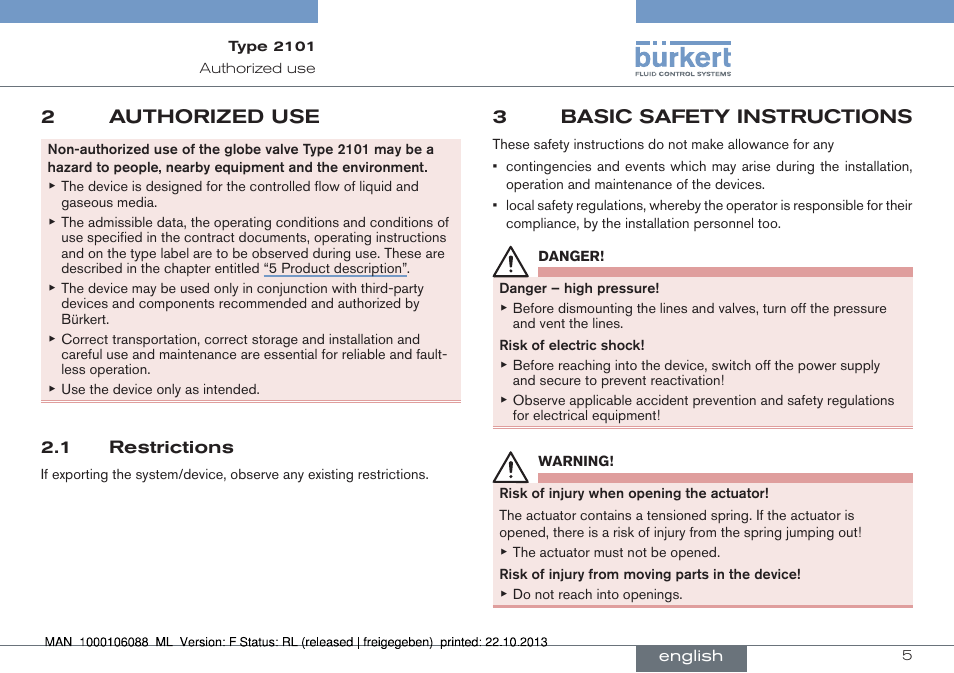 2 authorized use, 1 restrictions, 3 basic safety instructions | 2authorized use, 3basic safety instructions | Burkert Type 2101 User Manual | Page 5 / 106