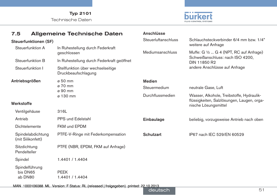 5 allgemeine technische daten | Burkert Type 2101 User Manual | Page 51 / 106