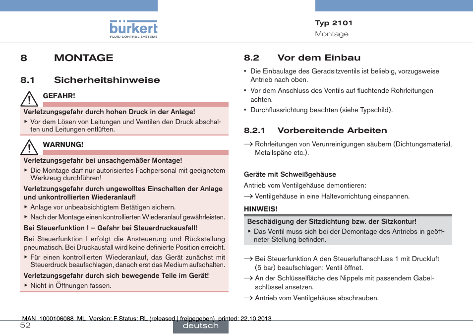 8 montage, 1 sicherheitshinweise 8.2 vor dem einbau, 8montage | Burkert Type 2101 User Manual | Page 52 / 106