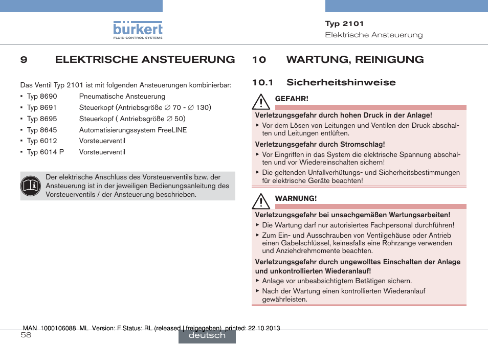 9 elektrische ansteuerung, 10 wartung, reinigung, 1 sicherheitshinweise | 9elektrische ansteuerung | Burkert Type 2101 User Manual | Page 58 / 106