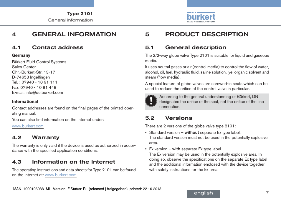 4 general information, 5 product description, 1 general description 5.2 versions | Burkert Type 2101 User Manual | Page 7 / 106