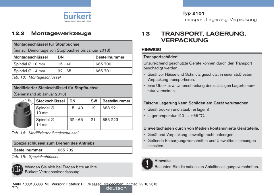 2 montagewerkzeuge, 13 transport, lagerung, verpackung | Burkert Type 2101 User Manual | Page 70 / 106