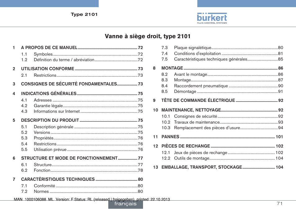 Français, Vanne à siège droit, type 2101 | Burkert Type 2101 User Manual | Page 71 / 106