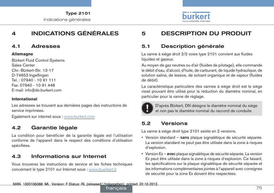 4 indications générales, 5 description du produit, 1 description générale 5.2 versions | Burkert Type 2101 User Manual | Page 75 / 106