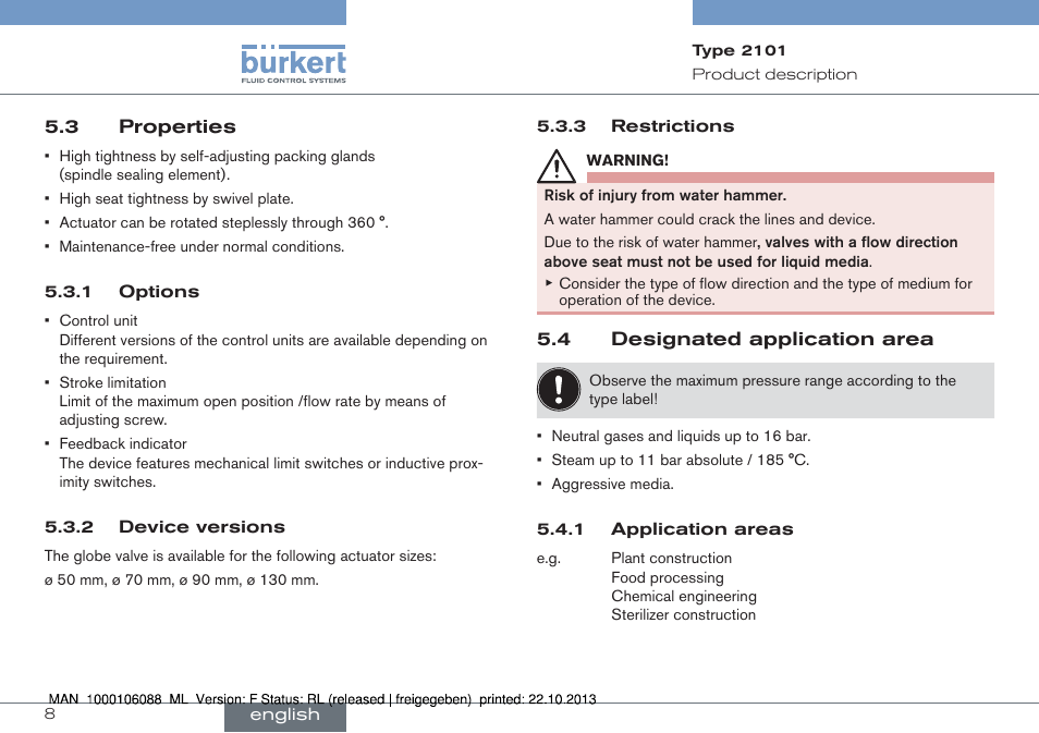 3 properties 5.4 designated application area | Burkert Type 2101 User Manual | Page 8 / 106