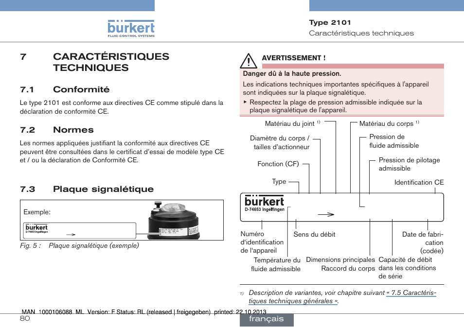 7 caractéristiques techniques, 1 conformité 7.2 normes, 3 plaque signalétique | 7caractéristiques techniques, 1 conformité, 2 normes | Burkert Type 2101 User Manual | Page 80 / 106