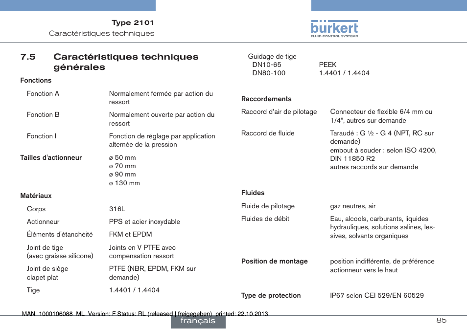 5 caractéristiques techniques générales | Burkert Type 2101 User Manual | Page 85 / 106