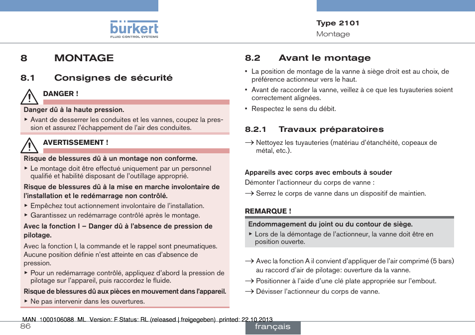 8 montage, 2 avant le montage, 8montage | Burkert Type 2101 User Manual | Page 86 / 106