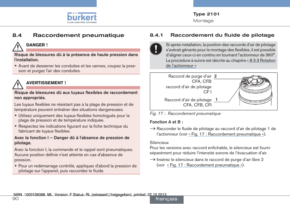 4 raccordement pneumatique | Burkert Type 2101 User Manual | Page 90 / 106
