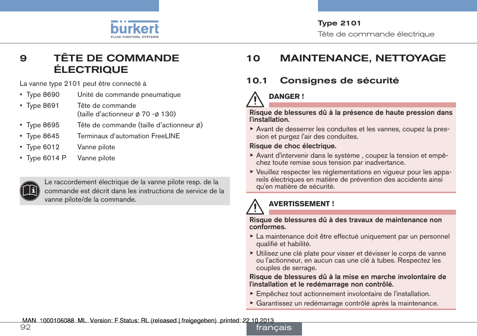 9 tête de commande électrique, 10 maintenance, nettoyage, 1 consignes de sécurité | 9tête de commande électrique | Burkert Type 2101 User Manual | Page 92 / 106