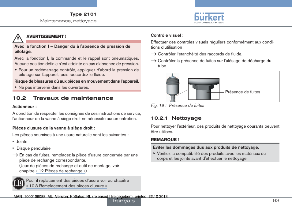 2 travaux de maintenance | Burkert Type 2101 User Manual | Page 93 / 106