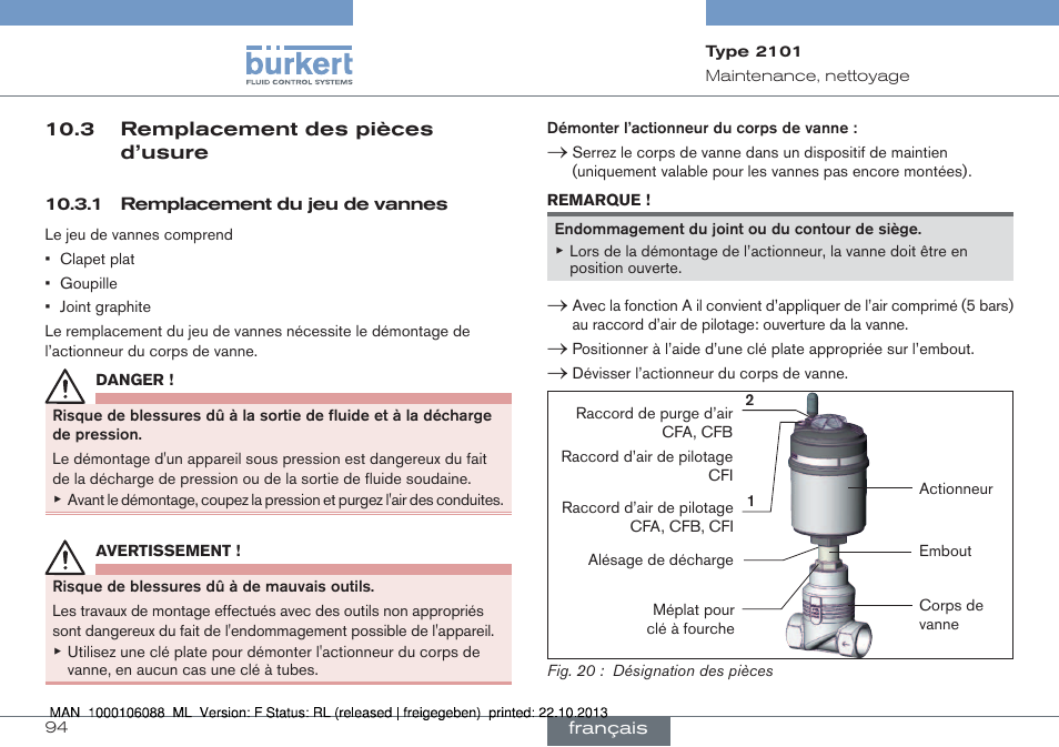 3 remplacement des pièces d’usure | Burkert Type 2101 User Manual | Page 94 / 106