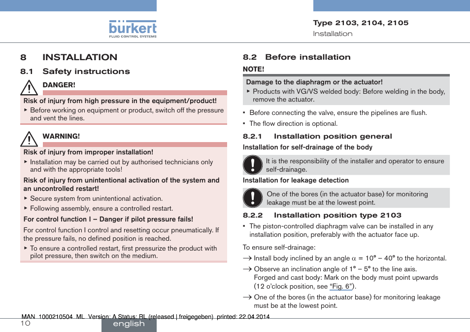 8 installation | Burkert Type 2105 User Manual | Page 10 / 43