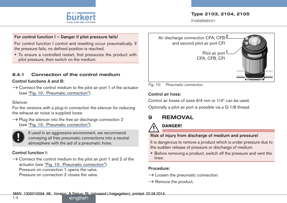 9 removal | Burkert Type 2105 User Manual | Page 14 / 43