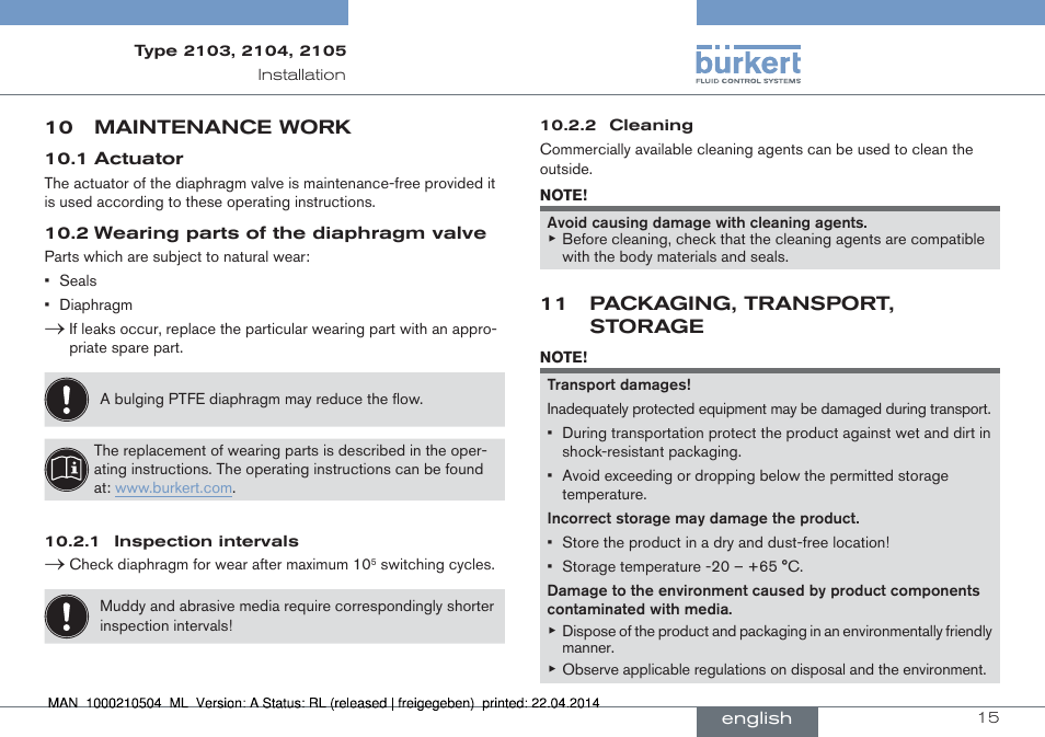 10 maintenance work, 11 packaging, transport, storage | Burkert Type 2105 User Manual | Page 15 / 43