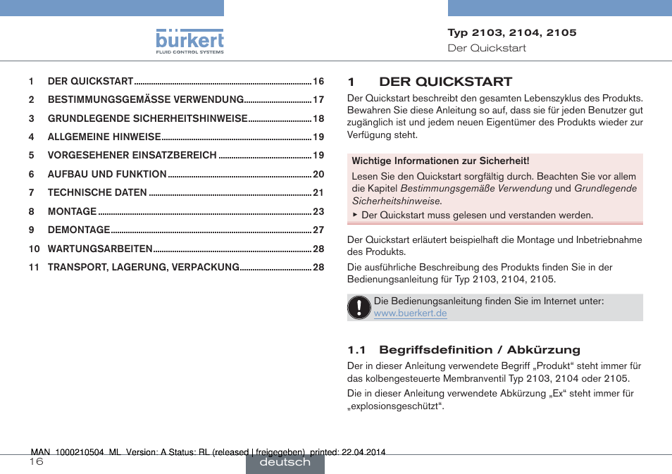 Deutsch | Burkert Type 2105 User Manual | Page 16 / 43