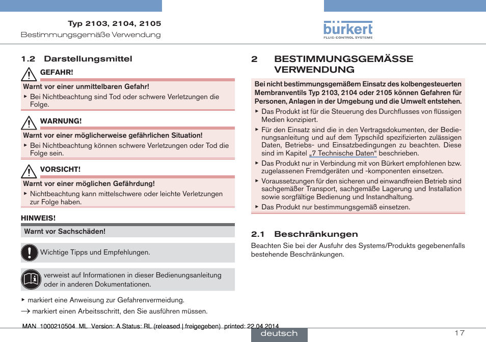 2 bestimmungsgemässe verwendung | Burkert Type 2105 User Manual | Page 17 / 43