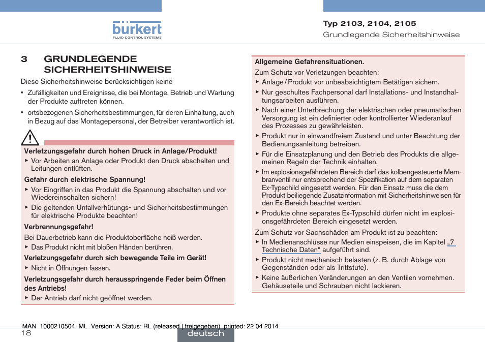 3 grundlegende sicherheitshinweise | Burkert Type 2105 User Manual | Page 18 / 43
