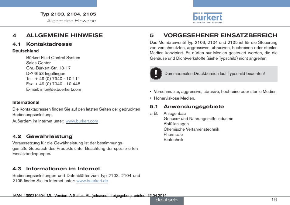 4 allgemeine hinweise, 5 vorgesehener einsatzbereich | Burkert Type 2105 User Manual | Page 19 / 43