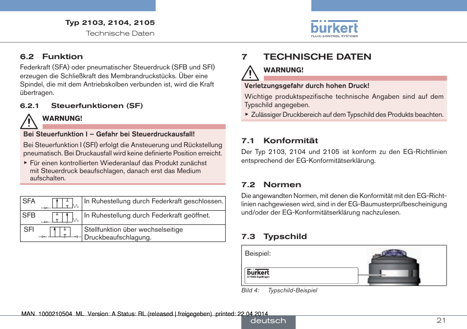 7 technische daten, 7technische daten, 2 funktion | 1 konformität, 2 normen, 3 typschild, Deutsch | Burkert Type 2105 User Manual | Page 21 / 43