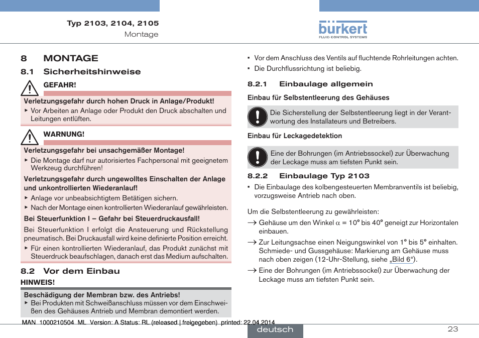 8 montage | Burkert Type 2105 User Manual | Page 23 / 43