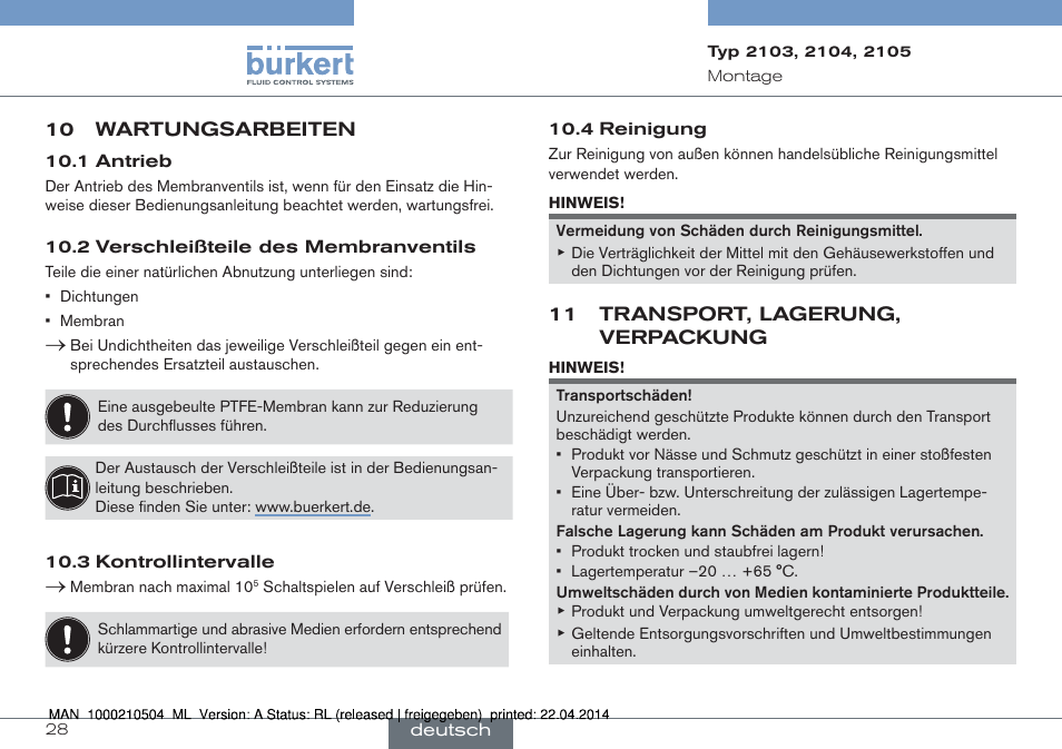 10 wartungsarbeiten, 11 transport, lagerung, verpackung | Burkert Type 2105 User Manual | Page 28 / 43