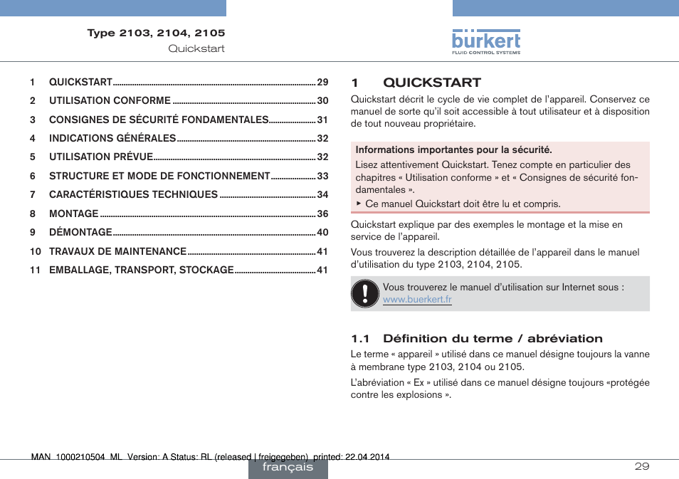 Français | Burkert Type 2105 User Manual | Page 29 / 43