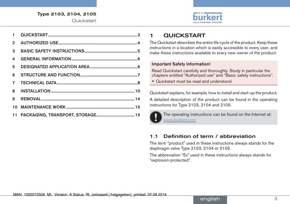 English | Burkert Type 2105 User Manual | Page 3 / 43