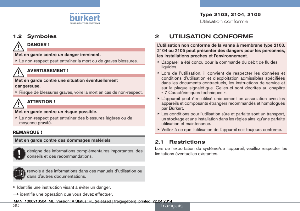 2 utilisation conforme | Burkert Type 2105 User Manual | Page 30 / 43